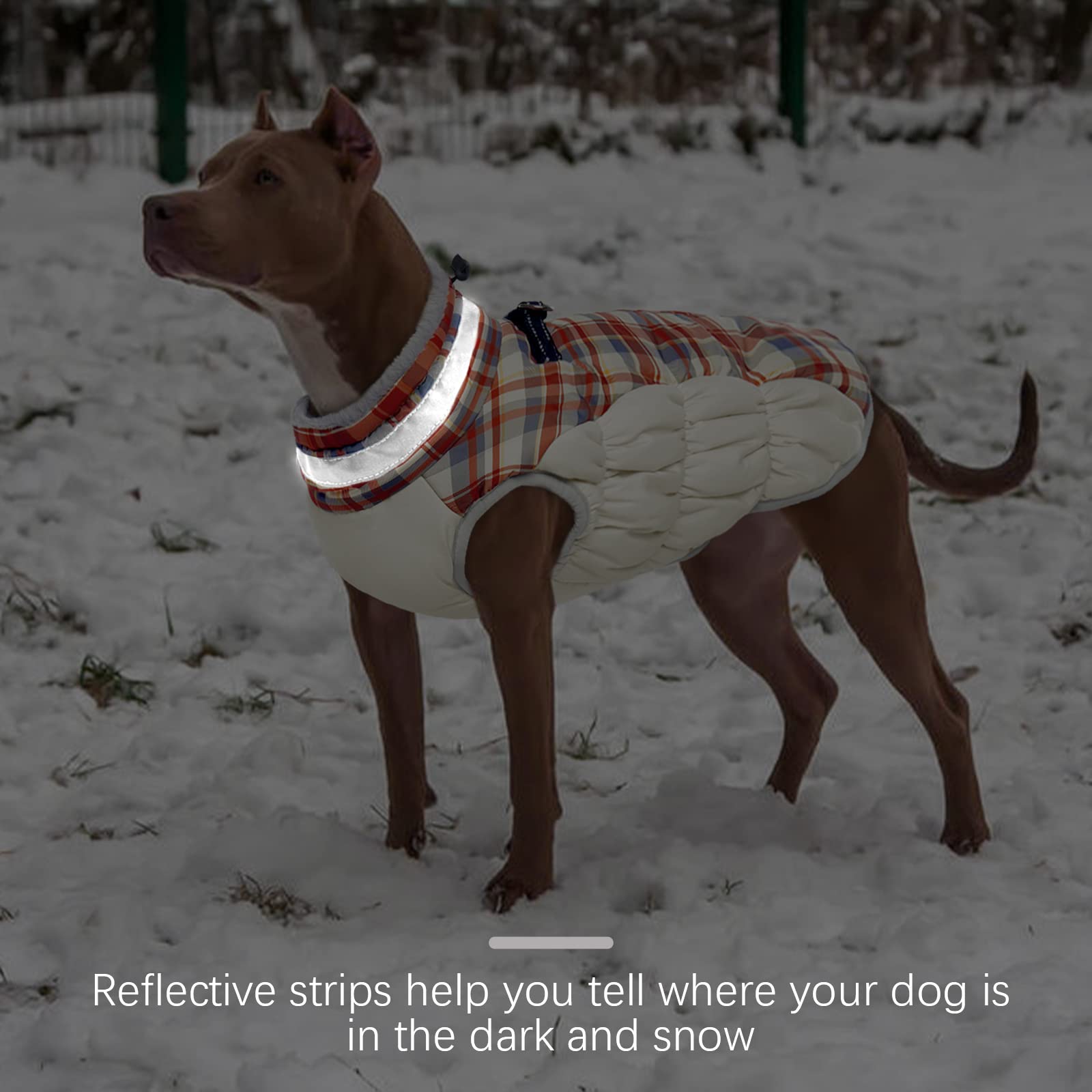 FUAMEY dog jacket close-up of reflective strips for low-light visibility.