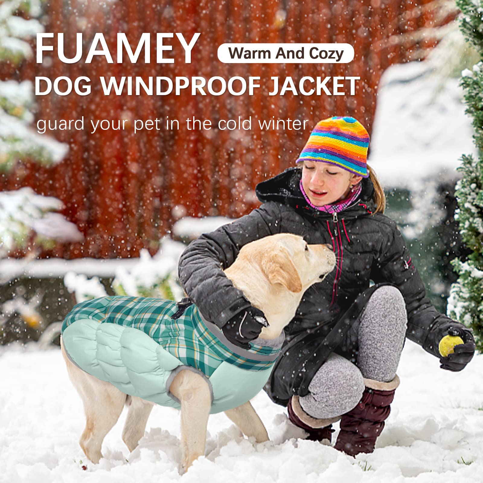 FUAMEY dog jacket plush turtleneck collar and adjustable straps shown close up.