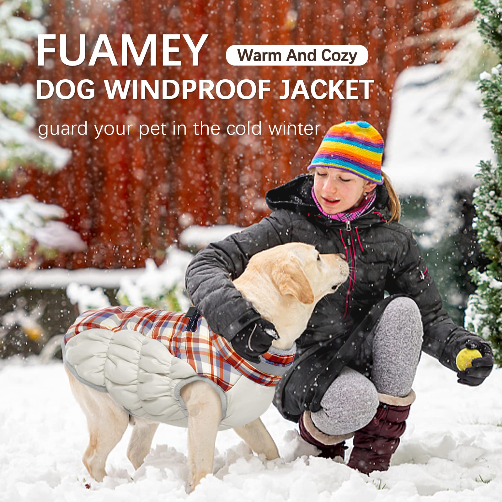 FUAMEY Dog Jacket plush turtleneck collar and adjustment straps.