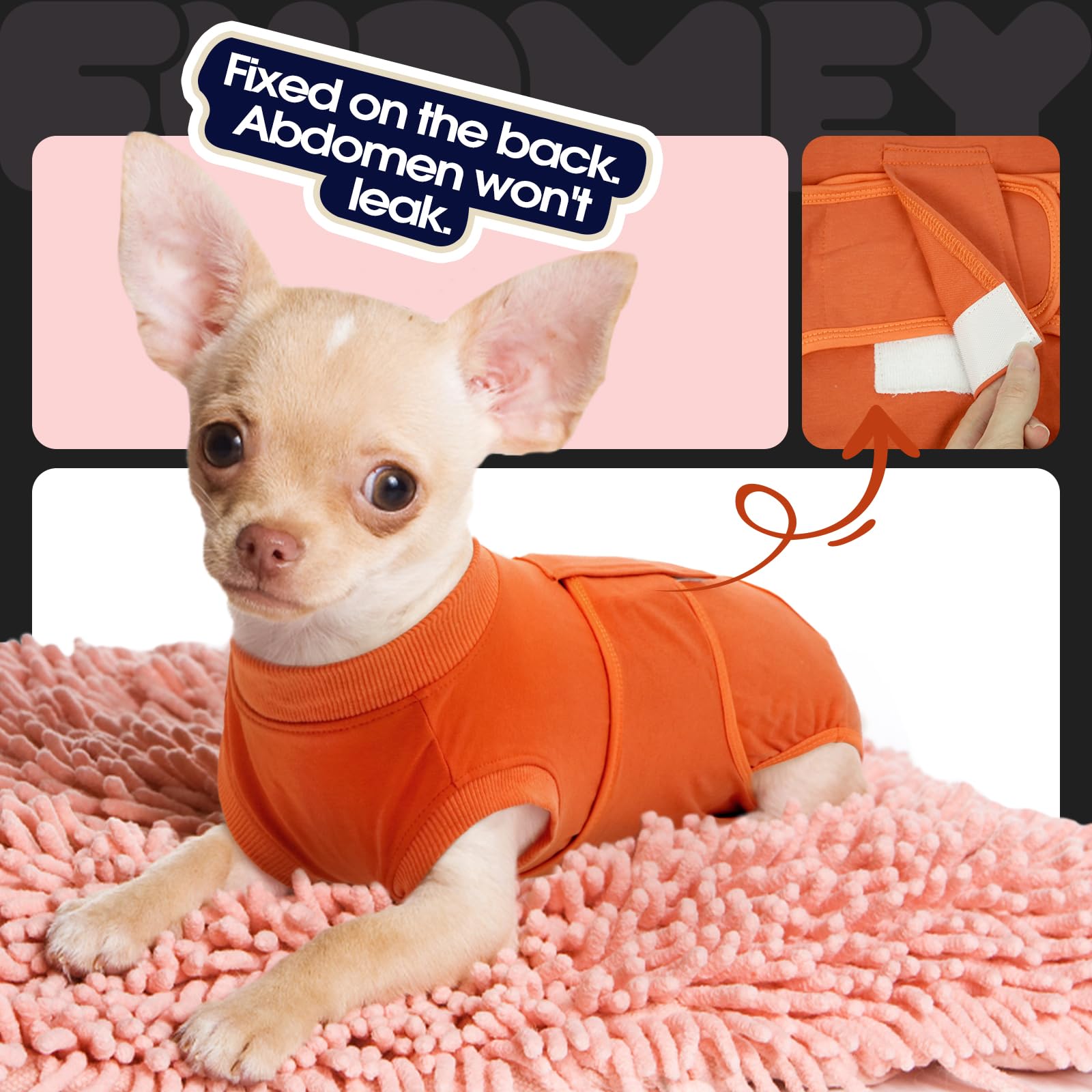 A dog wearing the FUAMEY dog recovery suit while eating.
