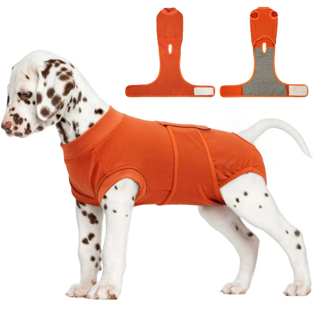 FUAMEY dog recovery suit shown from the front in orange.