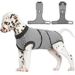 FUAMEY Dog Recovery Suit shown from the front in gray stripes.