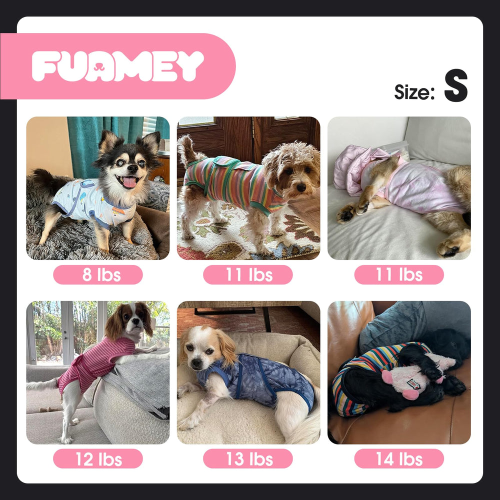 FUAMEY dog recovery suit size guide with back, chest, and weight ranges.