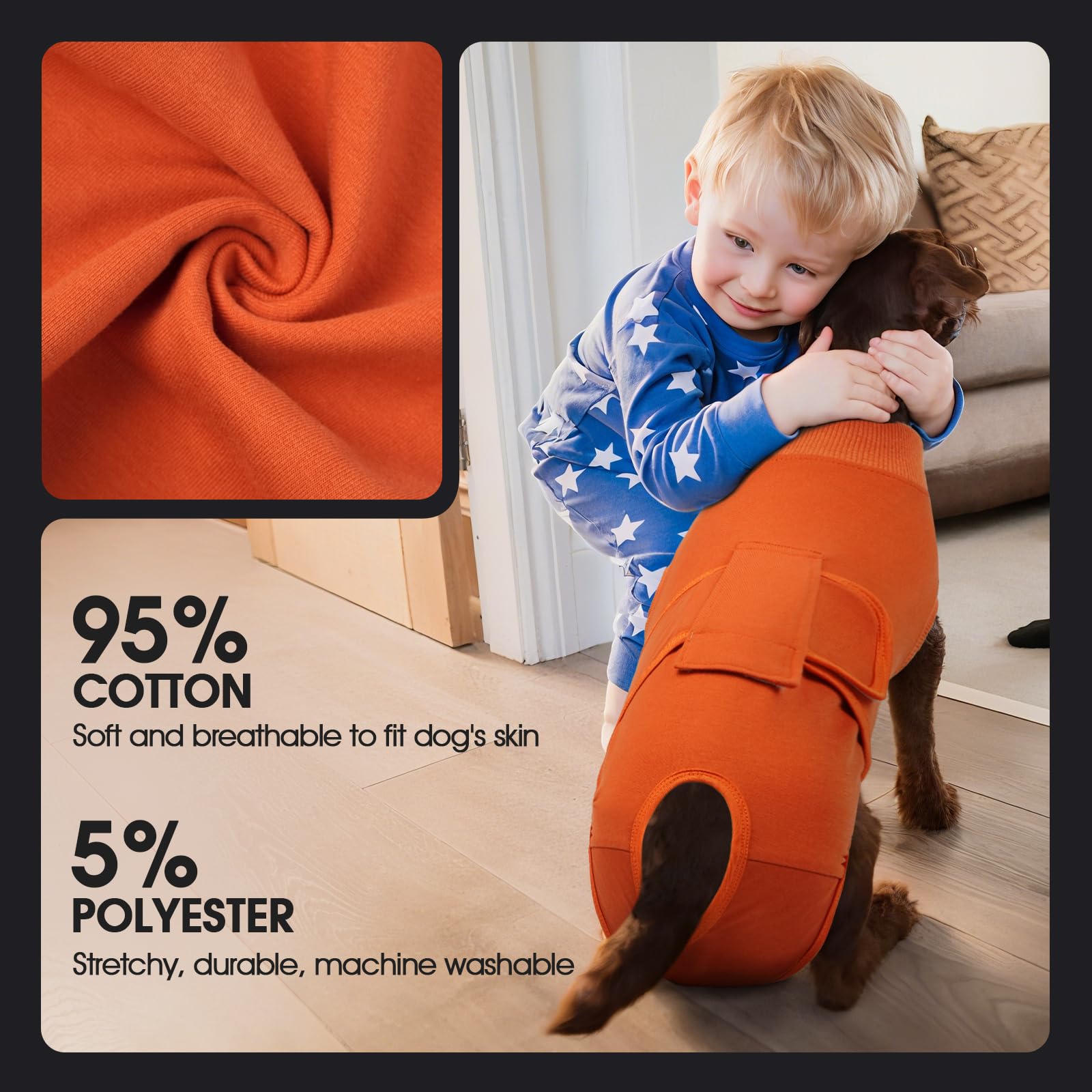 FUAMEY dog recovery suit size guide with back, chest, and weight ranges.