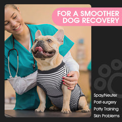 FUAMEY Dog Recovery Suit close-up showing its striped fabric.