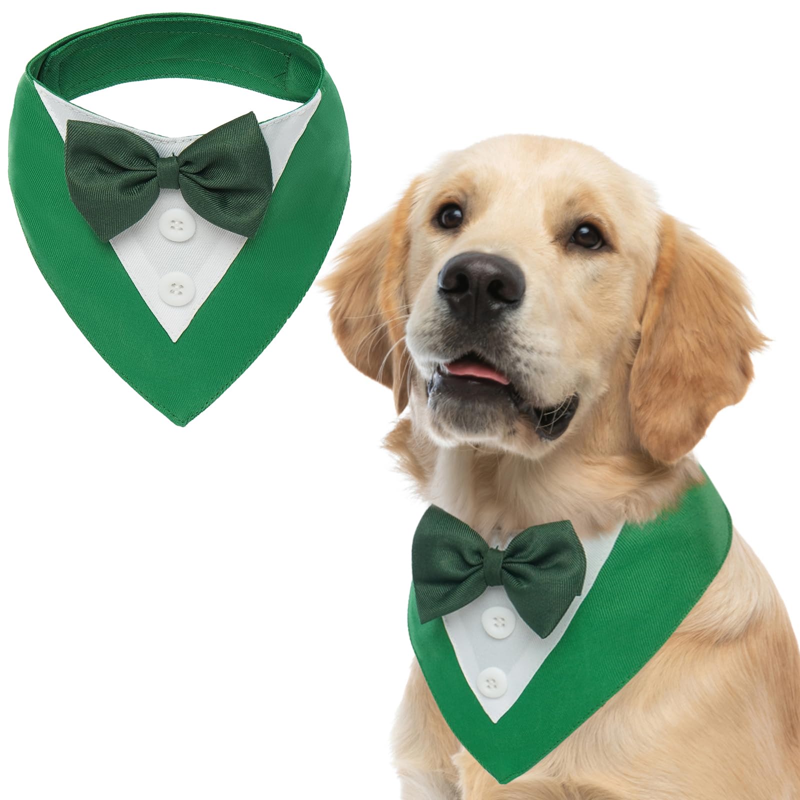 FUAMEY dog tuxedo shown from the front with its bandana collar and bow tie.
