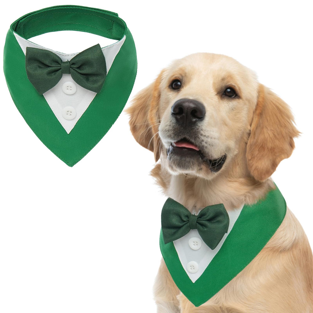 FUAMEY dog tuxedo shown from the front with its bandana collar and bow tie.