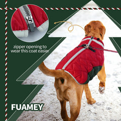 FUAMEY dog winter coat showing the two built-in harness D-rings.