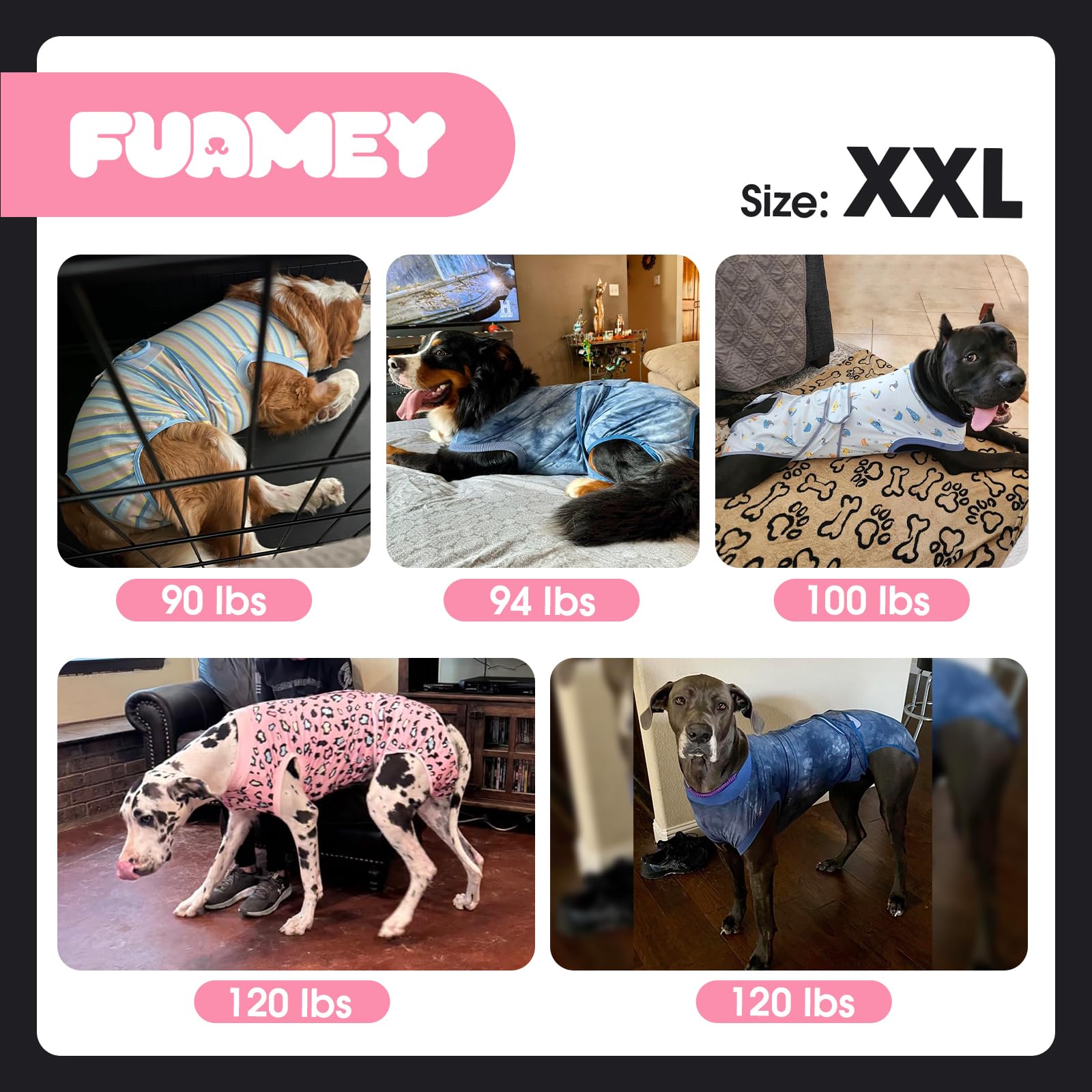 FUAMEY Recovery Suit shown around a pet’s chest.