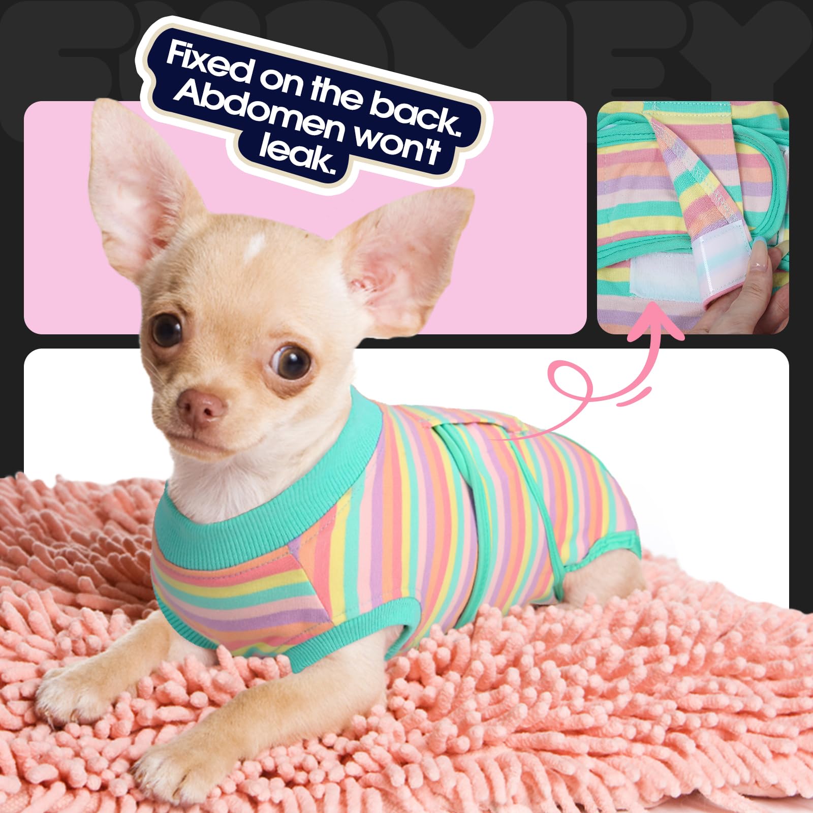 FUAMEY Recovery Suit shown covering a pet’s rear.