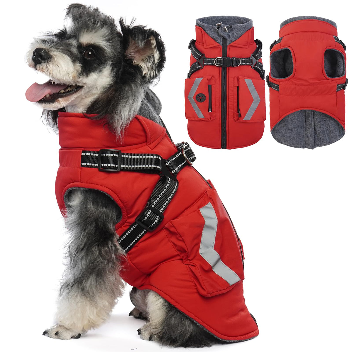 FUAMEY small dog winter coat shown from the front in red.