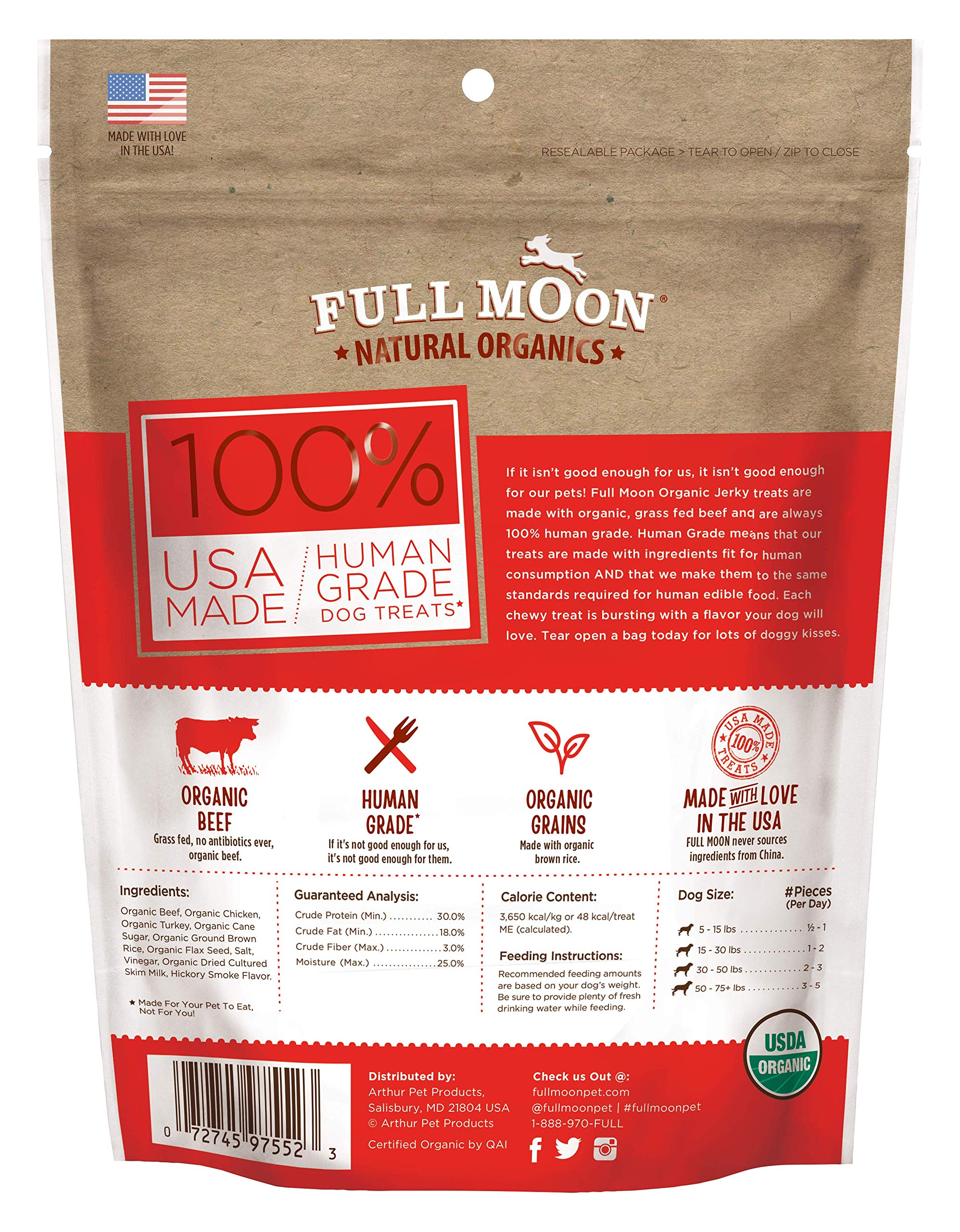 Full Moon beef jerky dog treats shown close up to highlight their chewy texture.