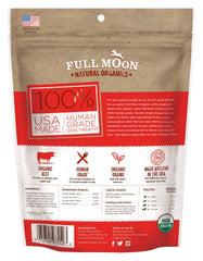 Full Moon beef jerky dog treats shown close up to highlight their chewy texture.