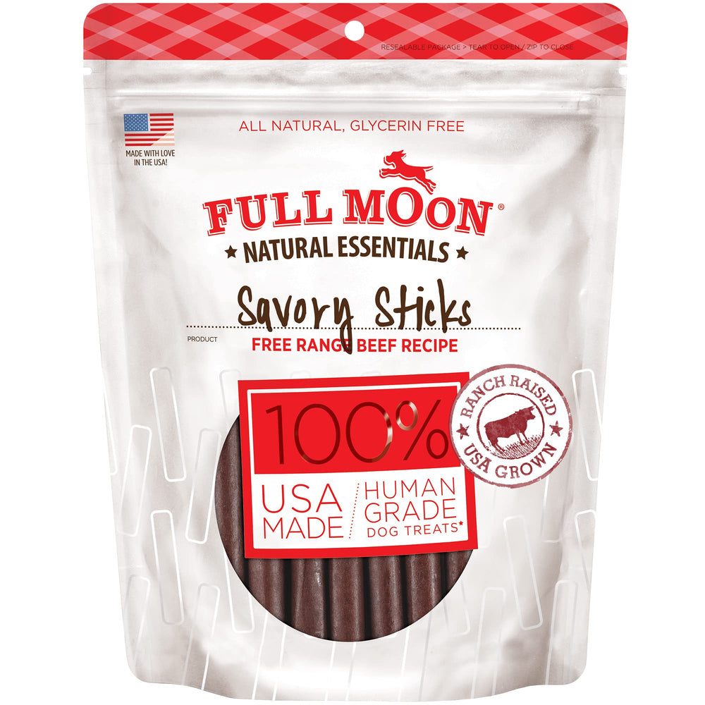 Full Moon Essential Beef Savory Sticks shown with the package front facing forward.