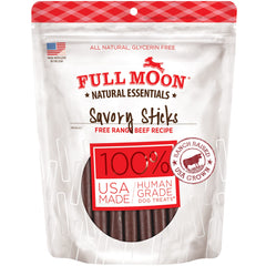 Full Moon Essential Beef Savory Sticks shown with the package front facing forward.