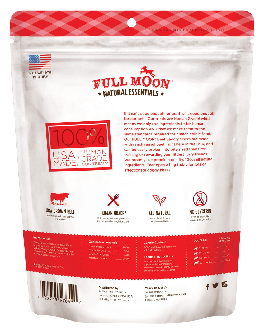 Full Moon Essential Beef Savory Sticks shown in a close view of the treats.
