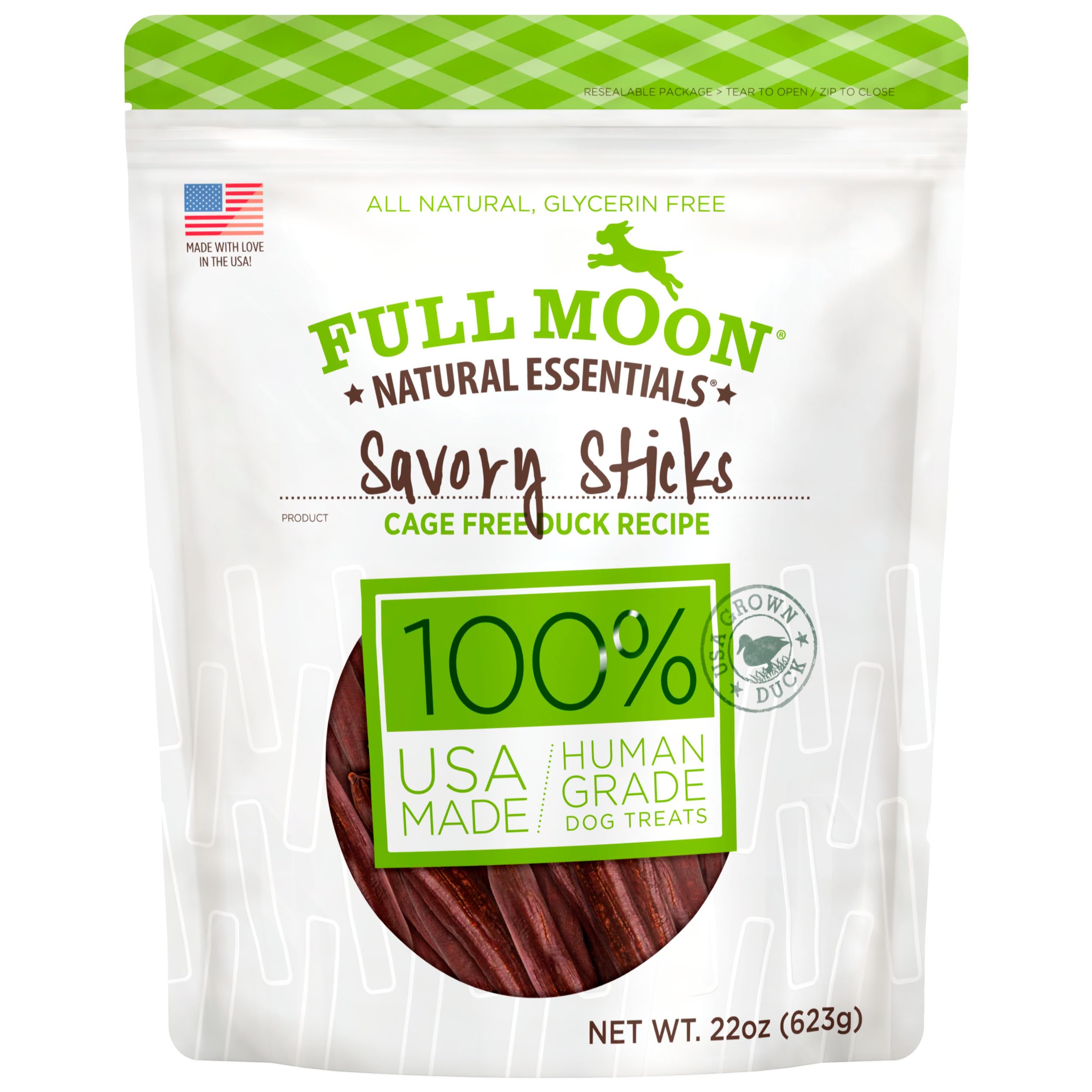 Full Moon Essential Duck Savory Sticks package shown from the front.