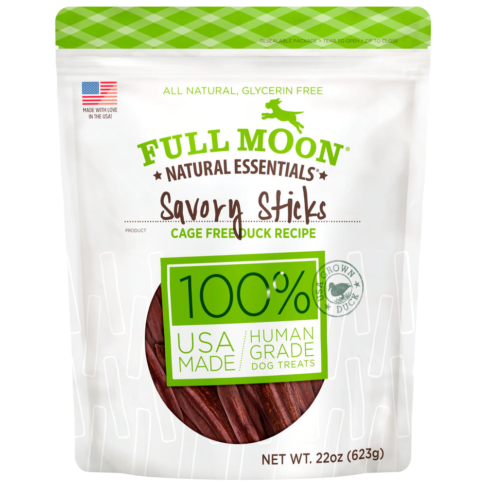 Full Moon Essential Duck Savory Sticks package shown from the front.