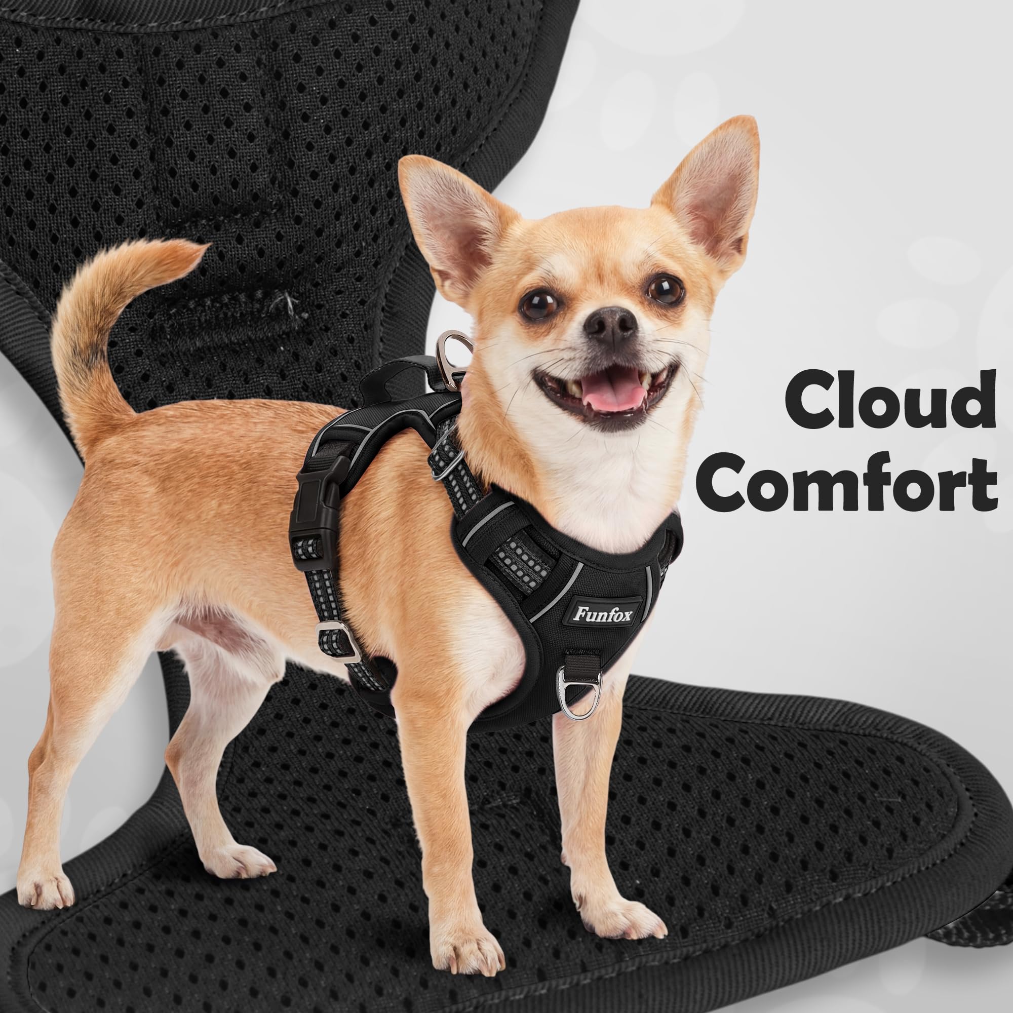Funfox dog harness close-up of the adjustable straps and quick-release buckles.