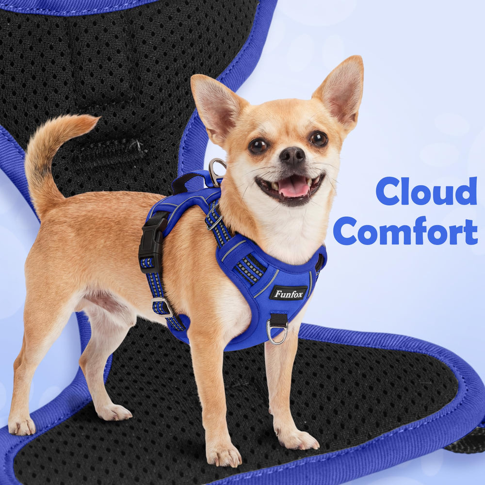 Funfox dog harness detail showing its adjustable straps and quick-release buckles.