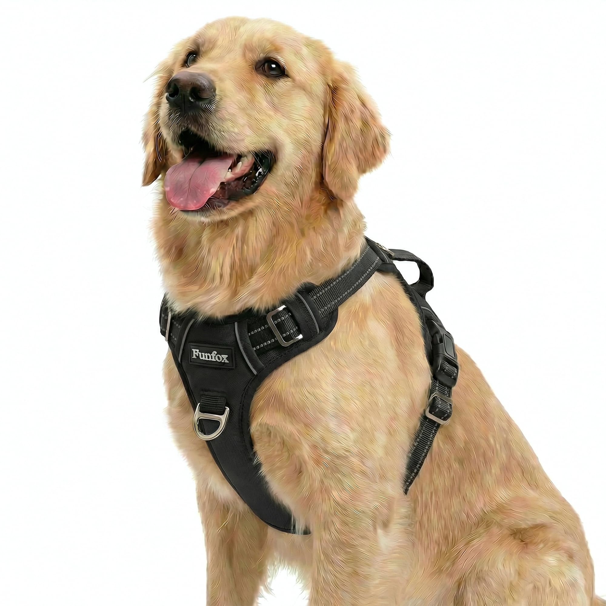 Funfox dog harness shown from the front with its vest shape and reflective details.
