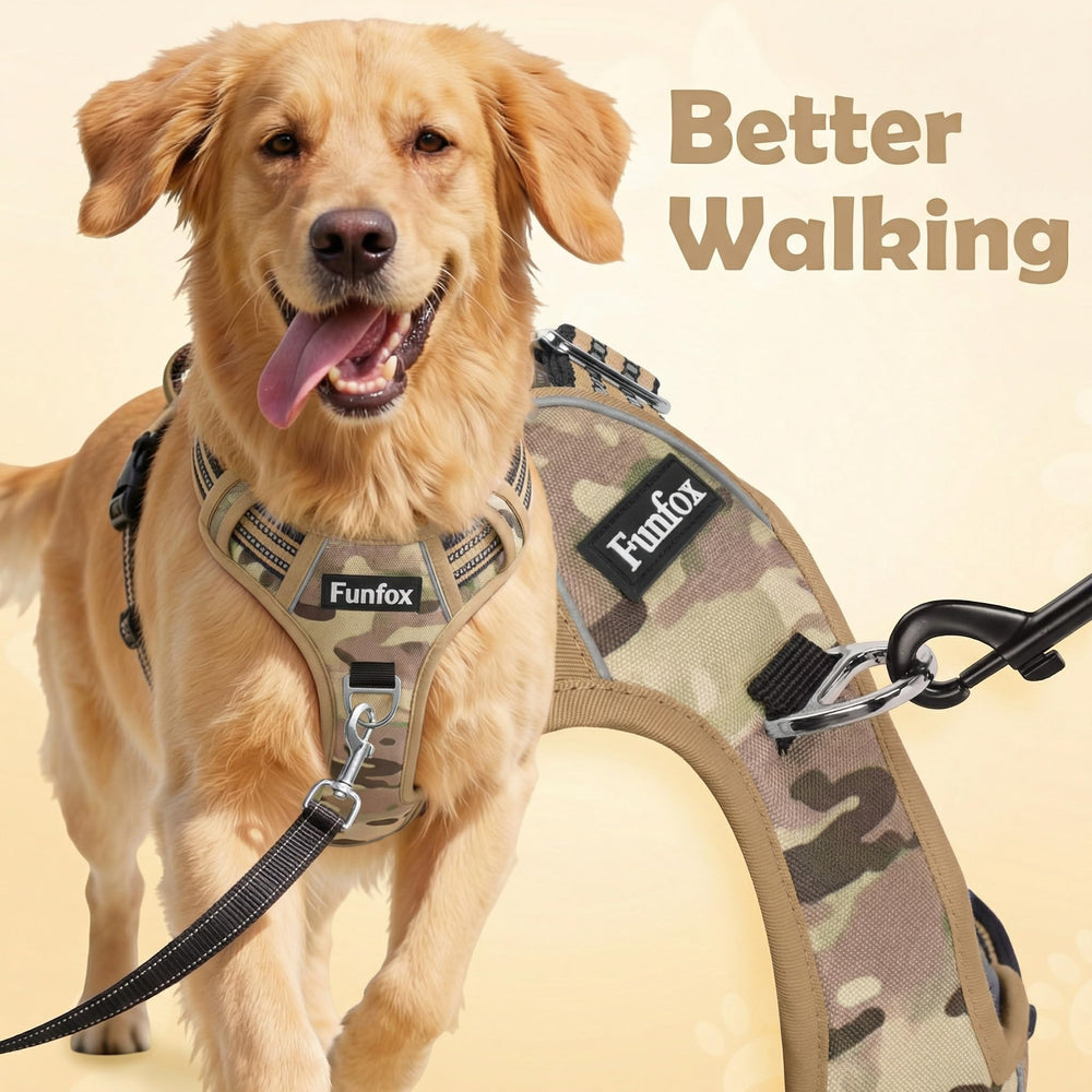 Funfox dog harness shown from the rear with its back leash ring and adjustable straps.