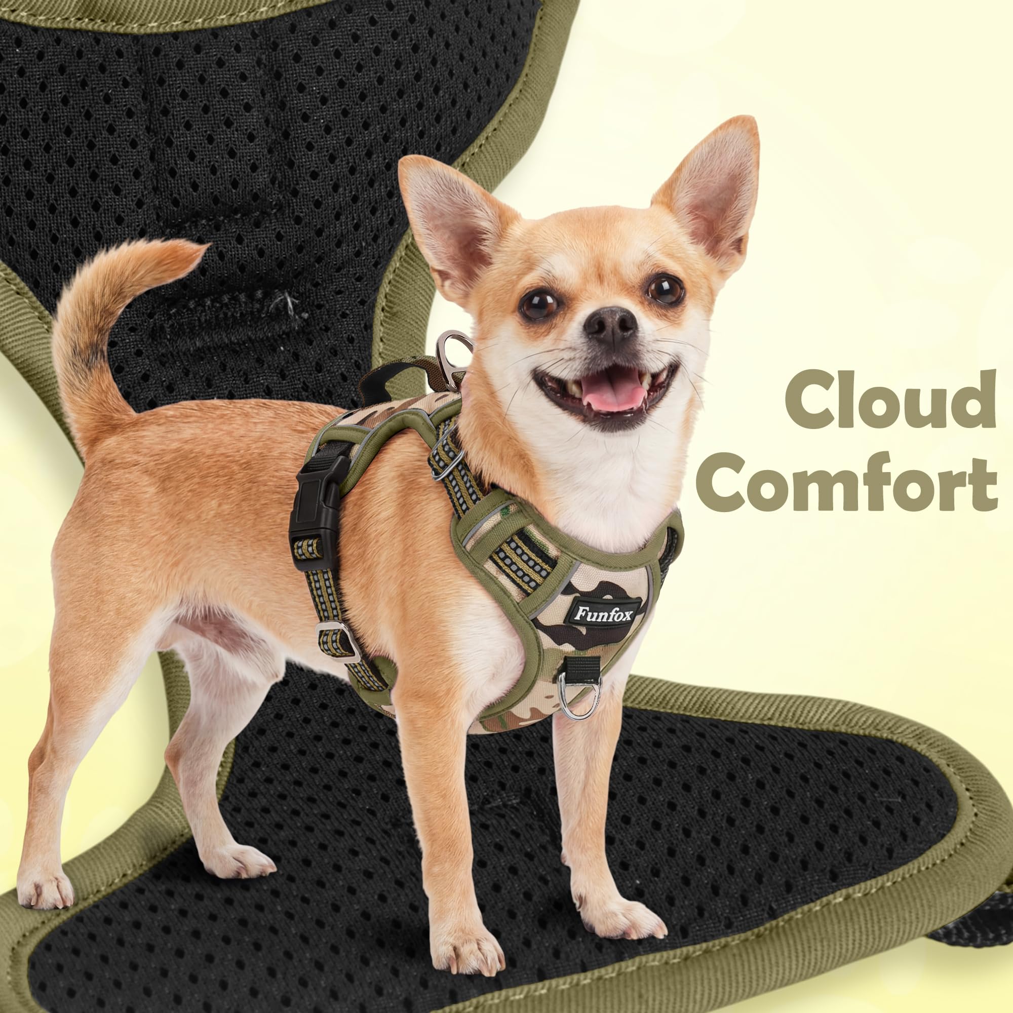 Funfox dog harness showing its two quick-release buckles.