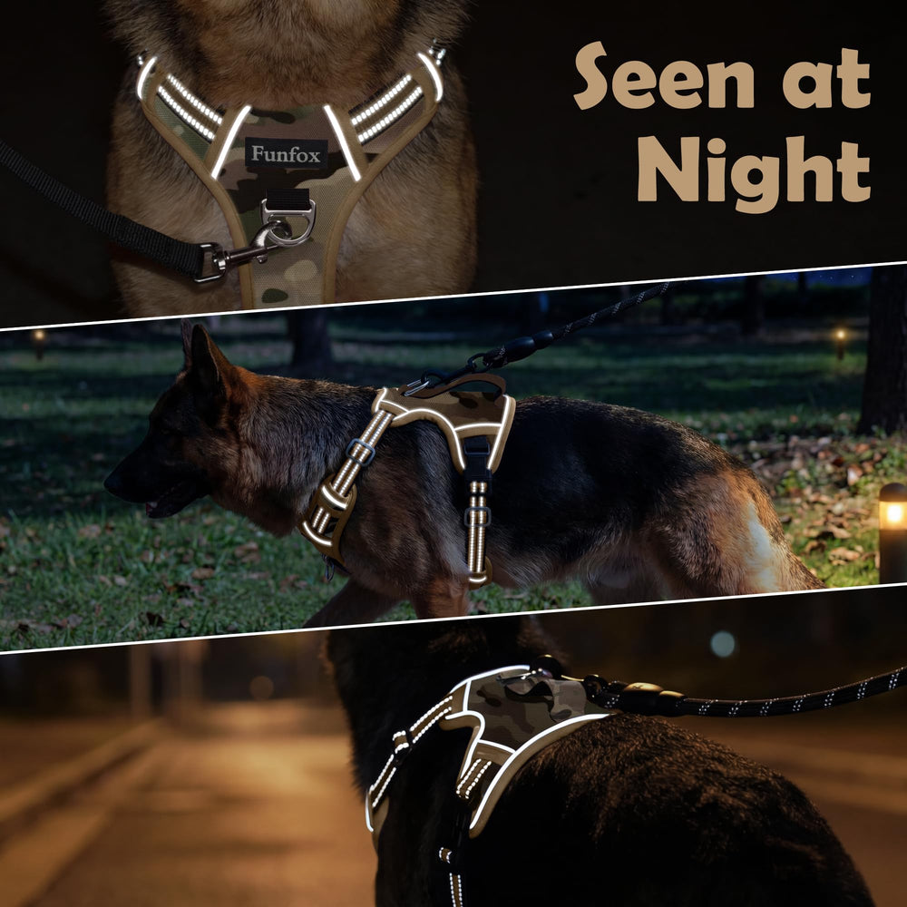 A dog wearing the Funfox harness, showing its fit and reflective details.