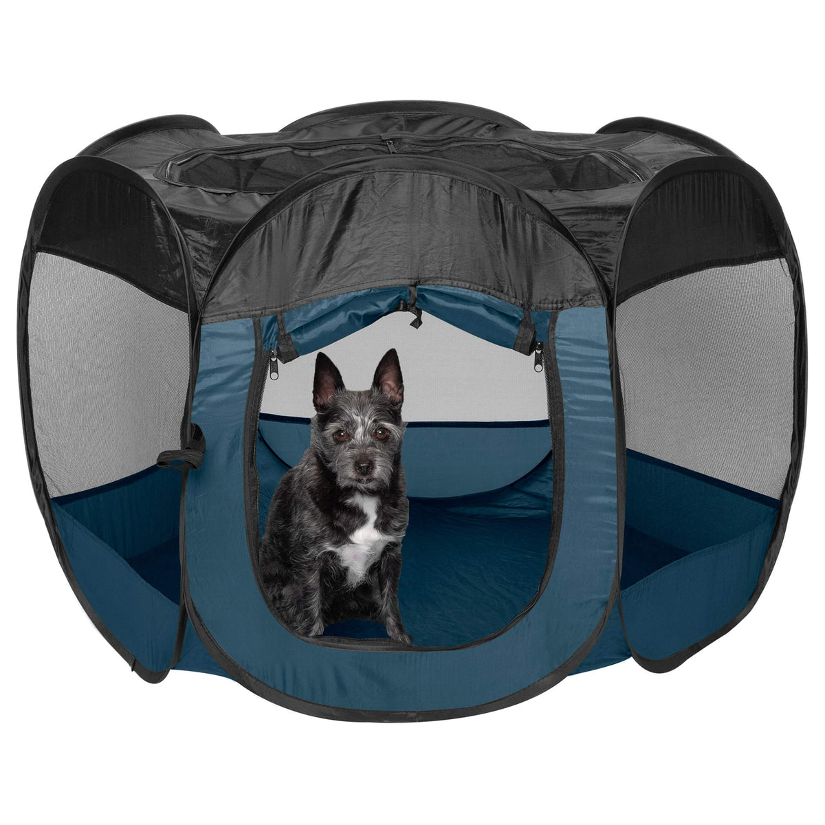 Furhaven pet playpen shown from the front in Sailor Blue.