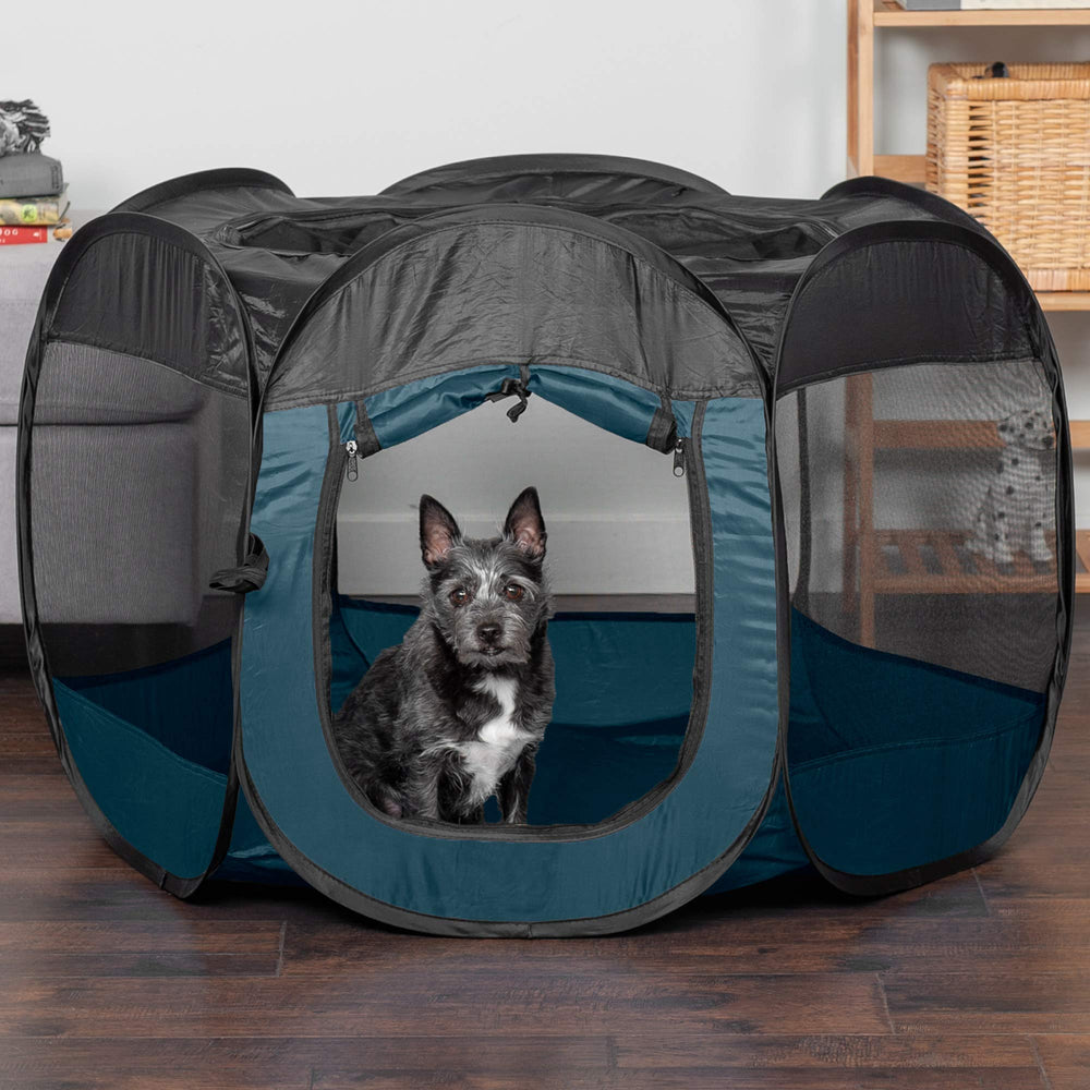 Furhaven pet playpen shown with its removable zippered top.