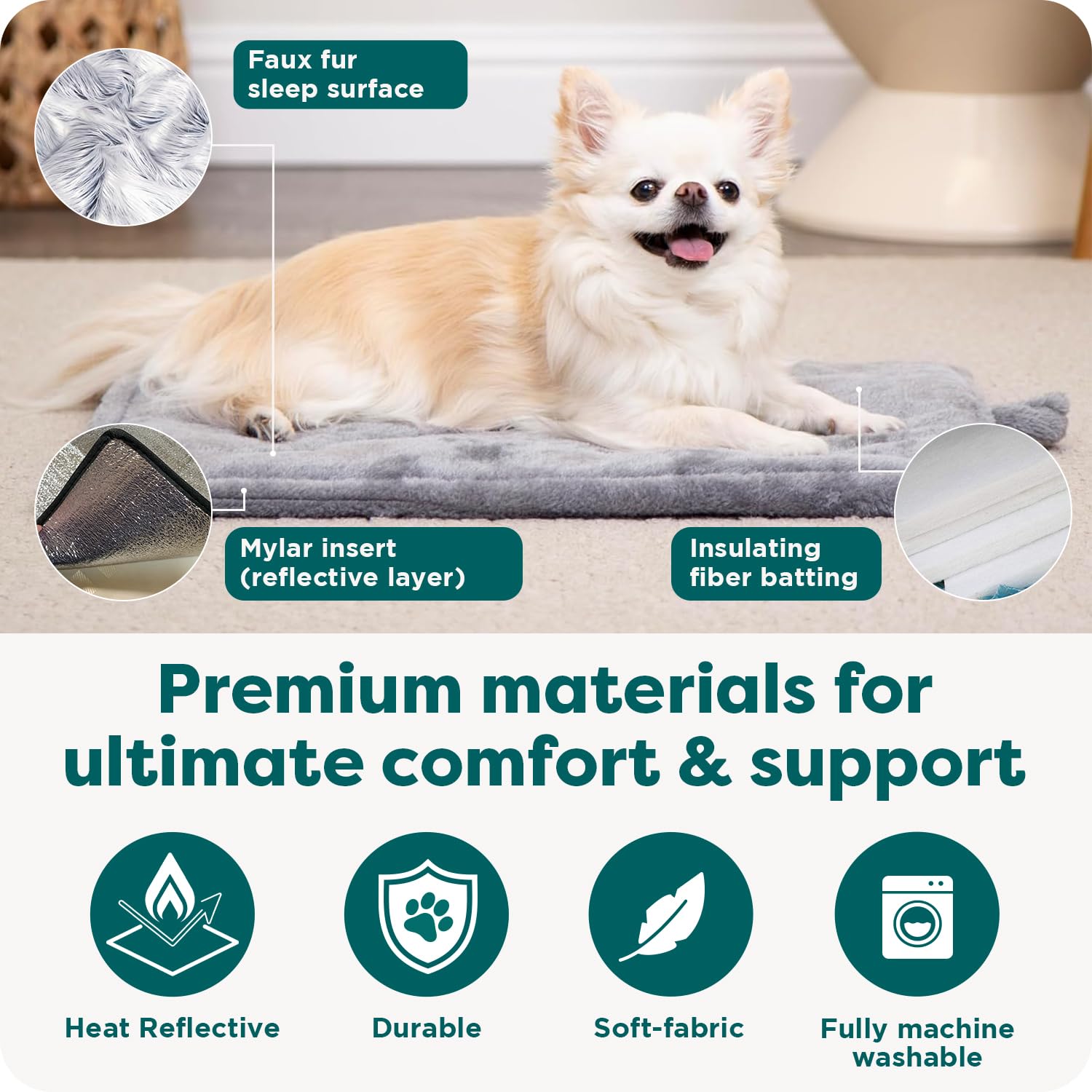 Furhaven ThermaNAP cat mat visual showing its body-heat-reflecting thermal core.