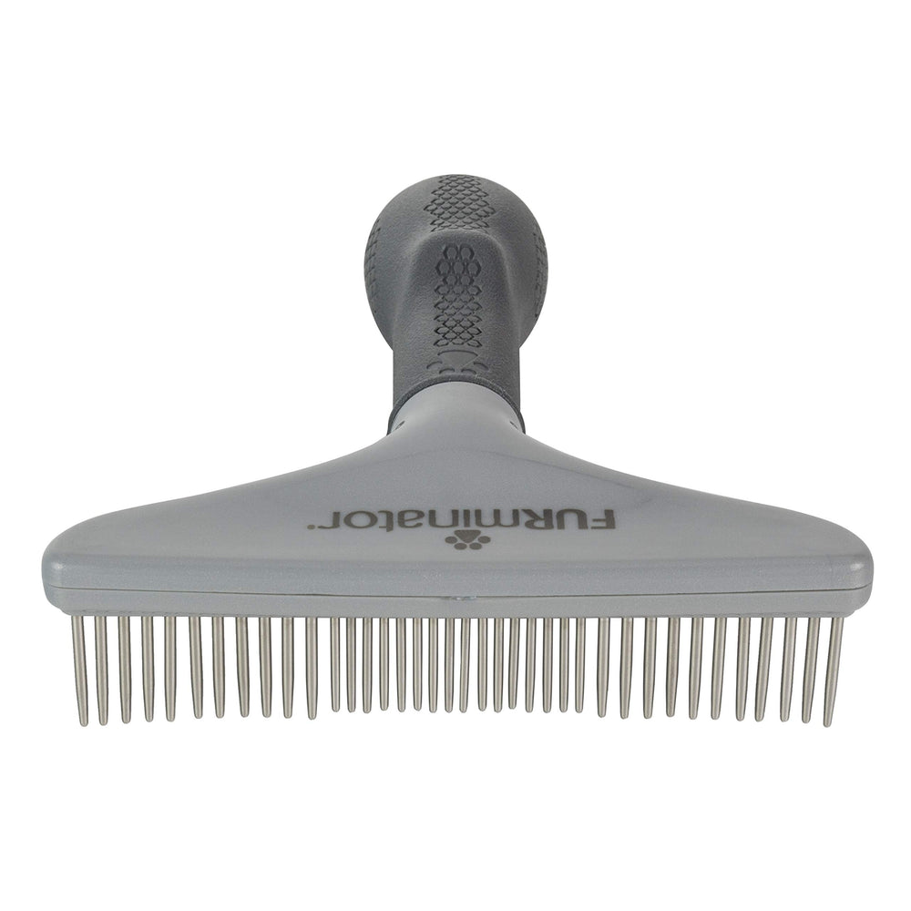 FURminator Grooming Rake close-up of its rotating metal teeth.