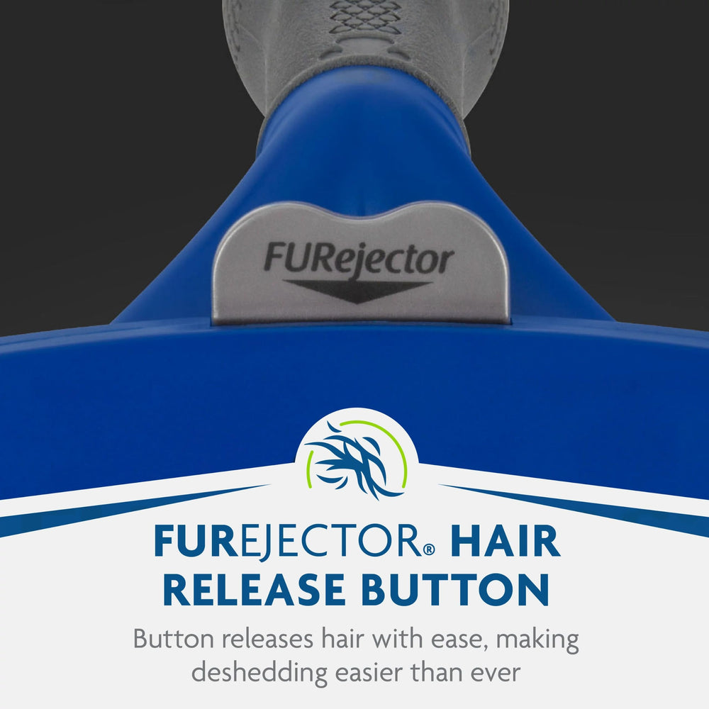 FURminator large dog undercoat deShedding tool shown with a long-haired dog.