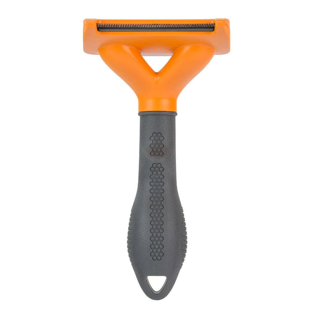 FURminator Medium Dog Undercoat deShedding Tool curved edge shown in profile.