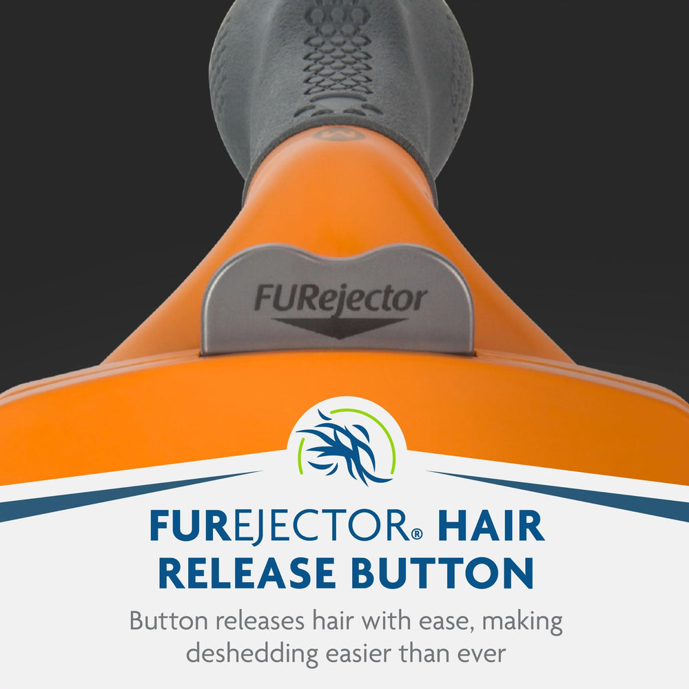 FURminator Medium Dog Undercoat deShedding Tool grooming a long-haired dog.