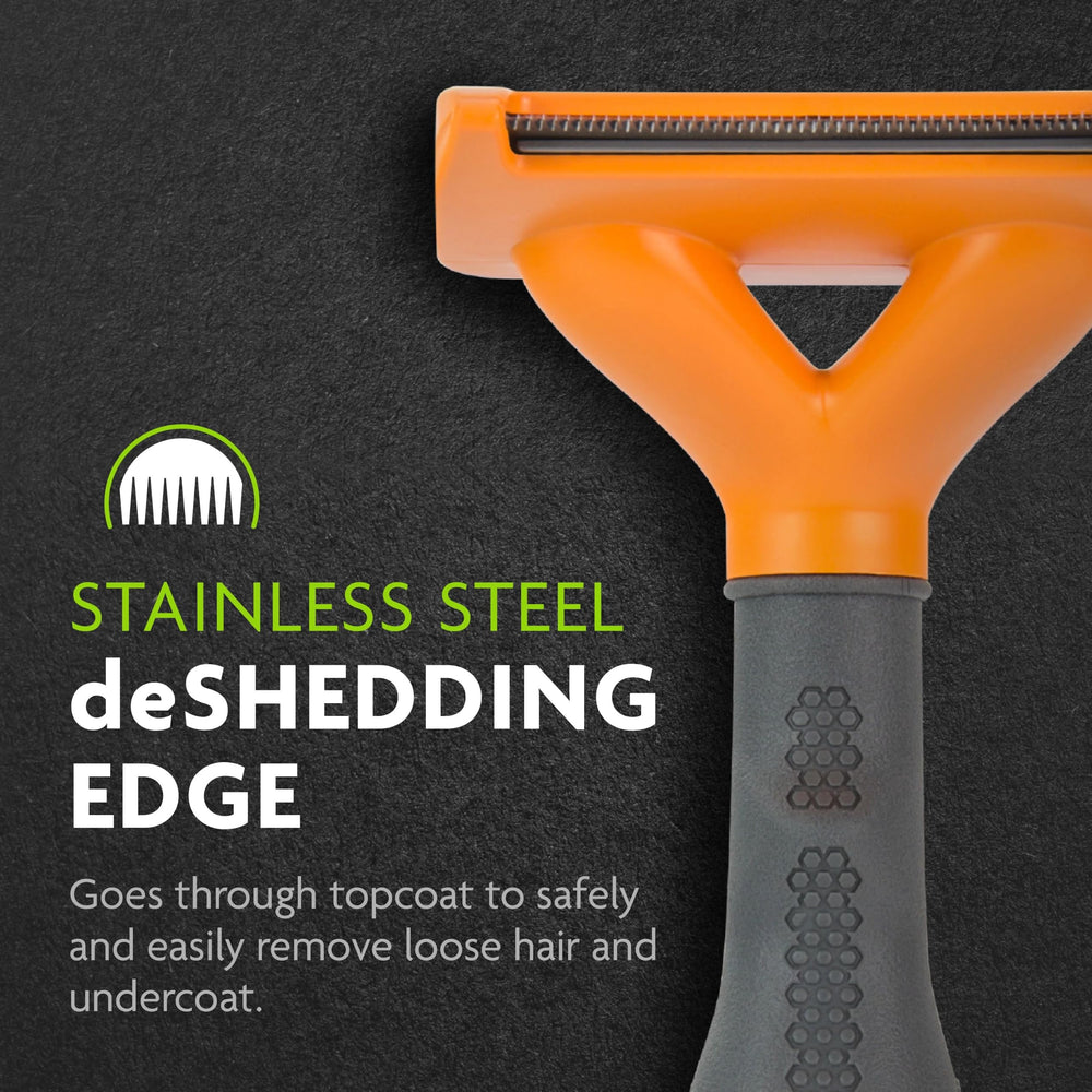 FURminator Medium Dog Undercoat deShedding Tool edge reaching through a dog’s topcoat.