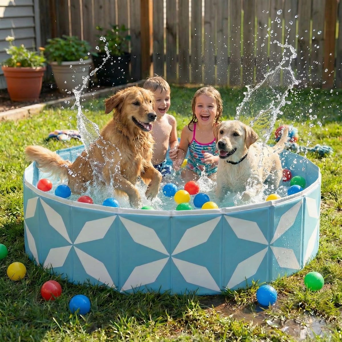 furrybaby Dog Pool shown from the front with its patterned sides.