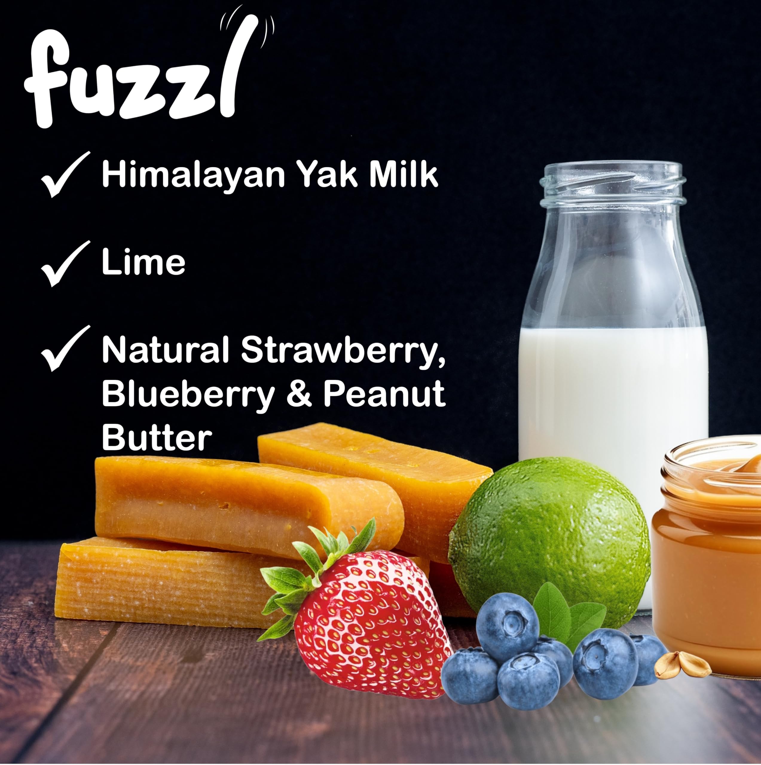 Fuzzl strawberry yak chew shown as one flavour in the mixed pack.