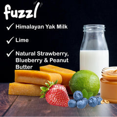 Fuzzl strawberry yak chew shown as one flavour in the mixed pack.