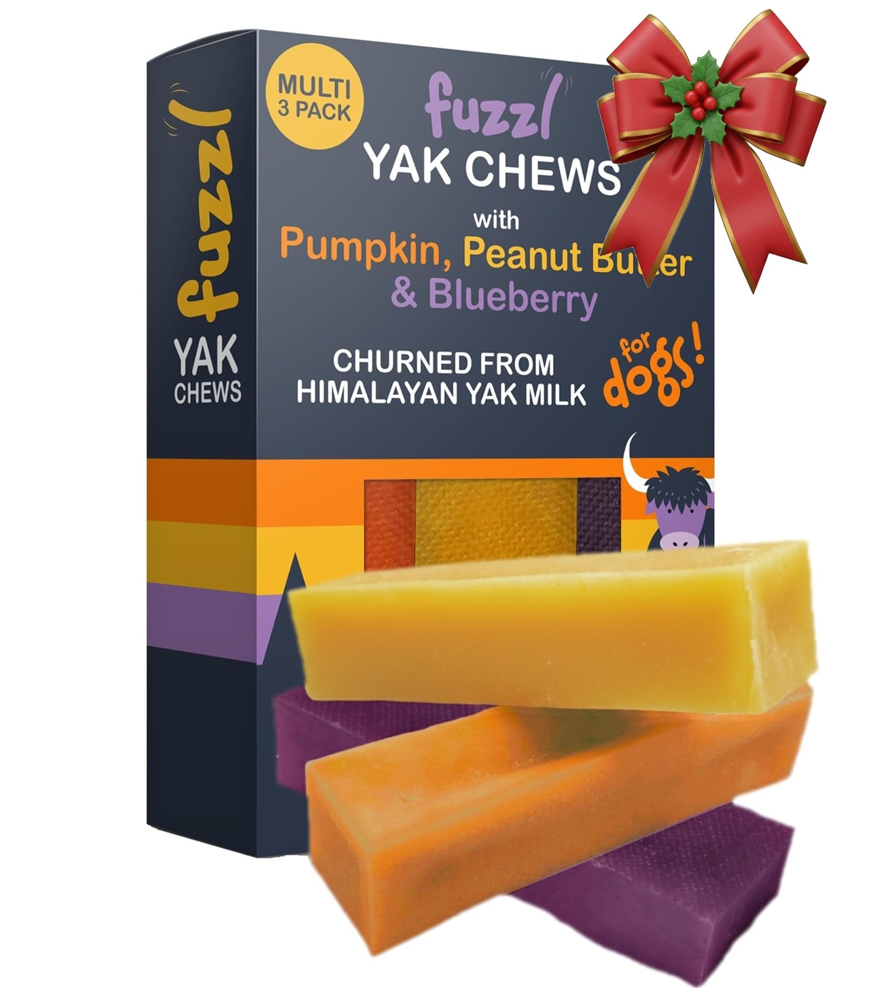 Fuzzl Yak Cheese Chews shown from the front as a medium pack of three.