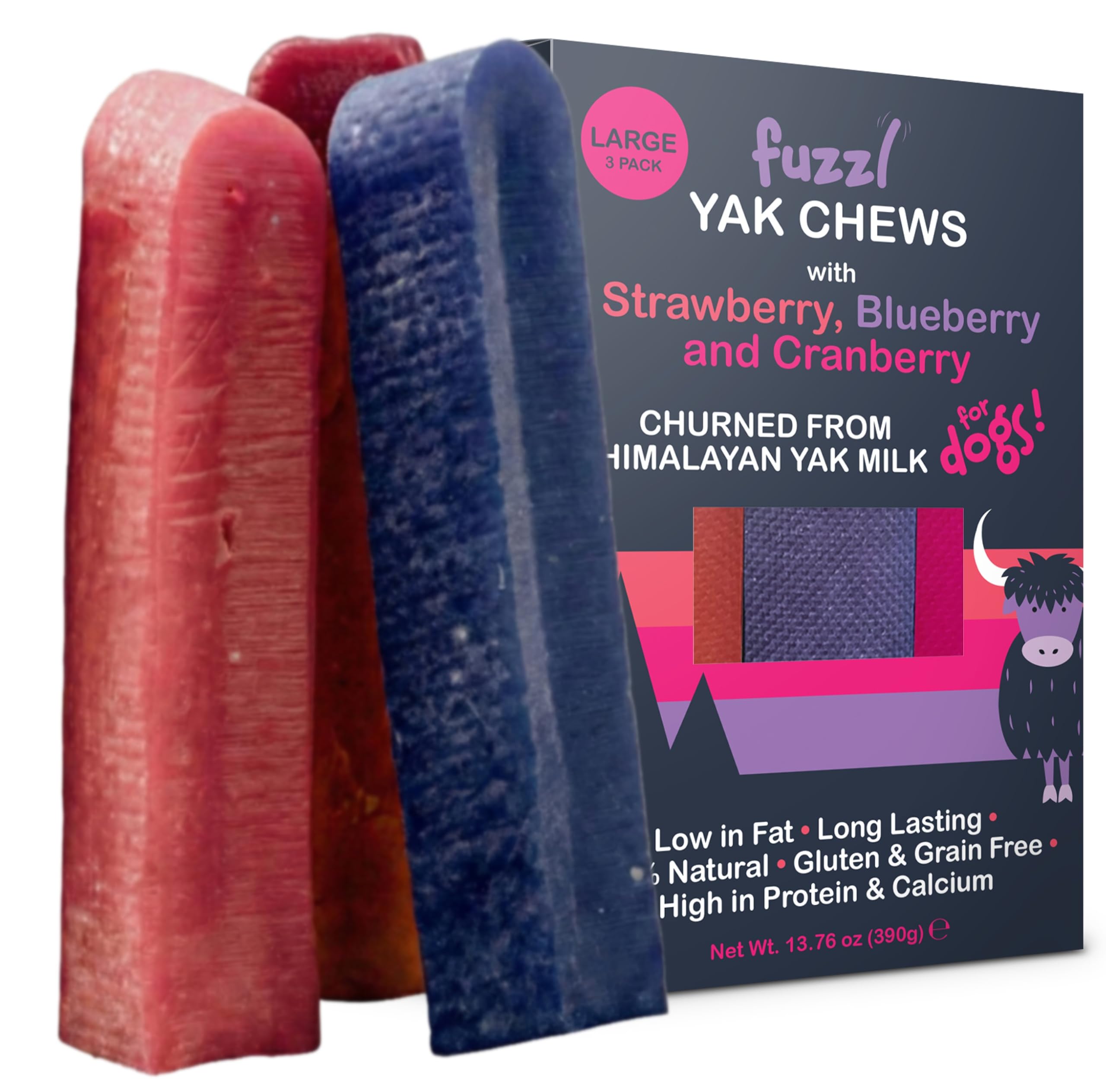 Fuzzl yak chews shown with the front of the mixed berry pack.