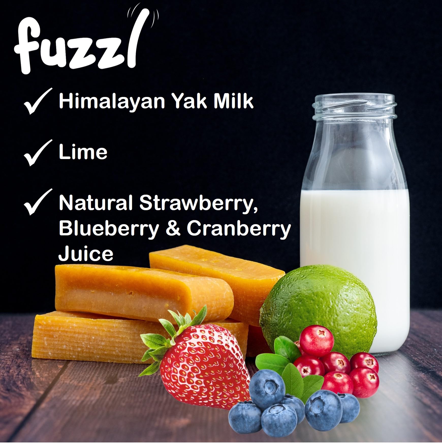 Fuzzl yak chews made from yak and cow milk with fruit extracts.