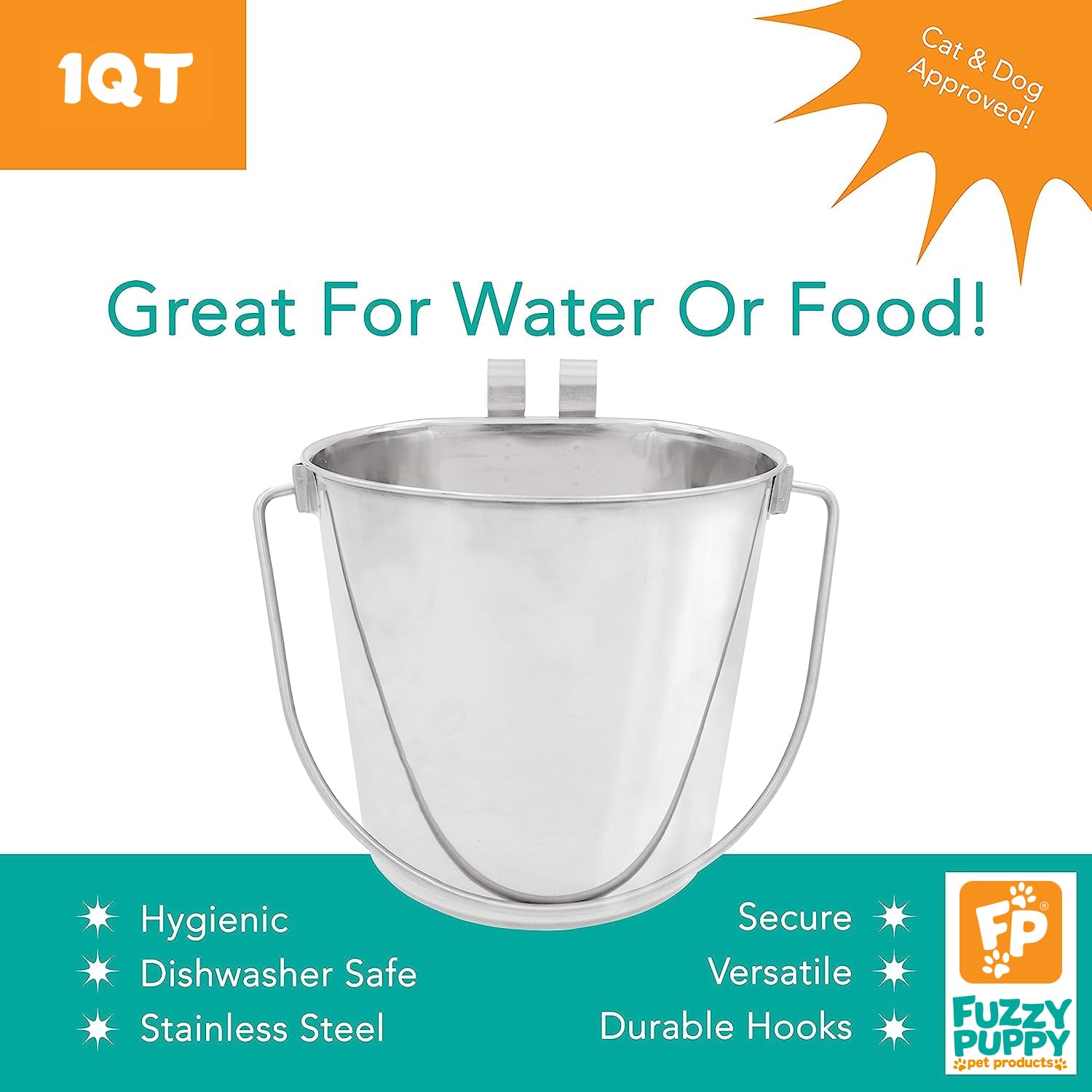 Fuzzy Puppy Pet Products pail showing its stainless-steel interior.