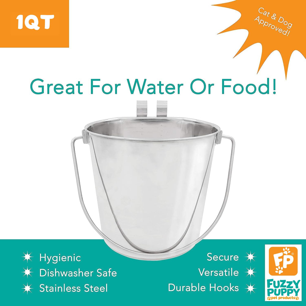 Fuzzy Puppy Pet Products pail showing its stainless-steel interior.