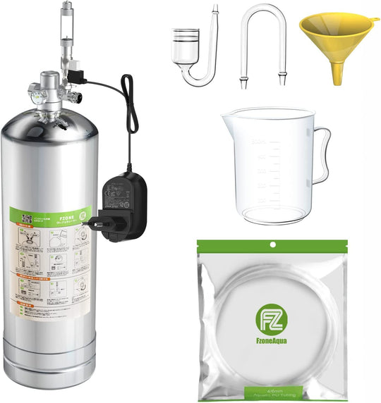 FZONE aquarium CO2 generator kit shown from the front with its bottle and included components.