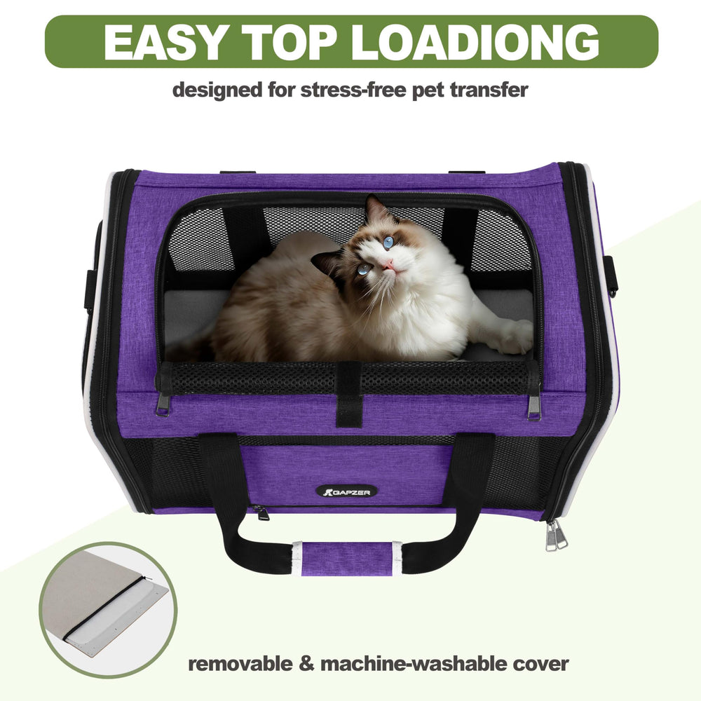 GAPZER pet carrier side panel opened for seatbelt threading.
