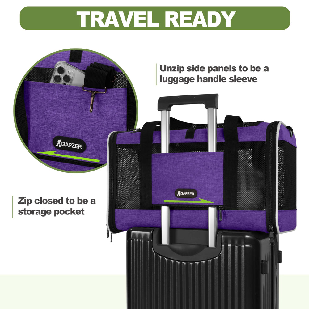 GAPZER pet carrier showing a zip-closed storage pocket.