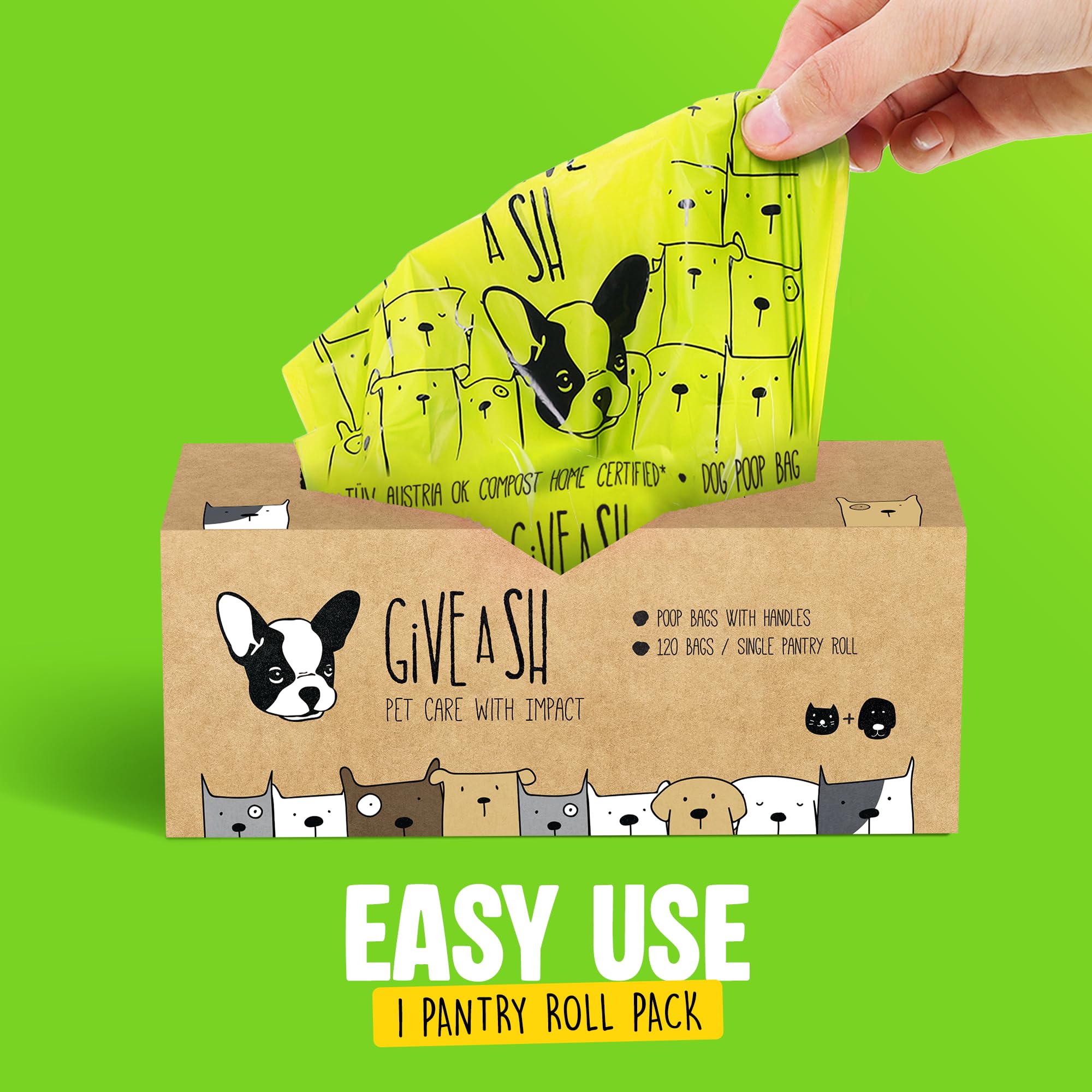 G.A.S dog poop bags with their compostability certification information.