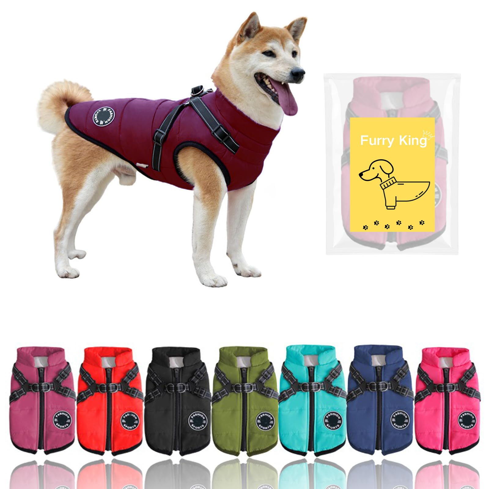 Furry King dog winter coat shown from the front in purple.