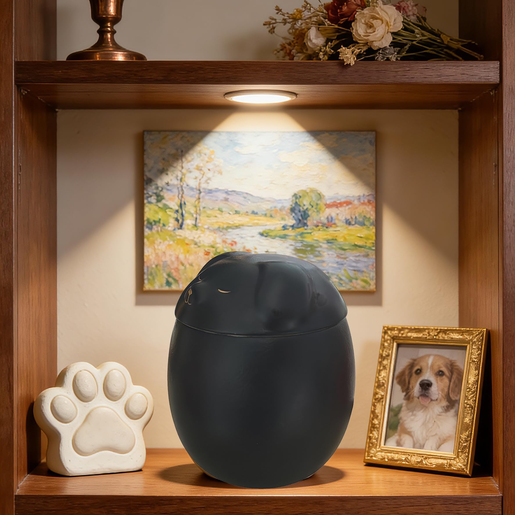 Generic small dog urn pictured with the included urn bag.